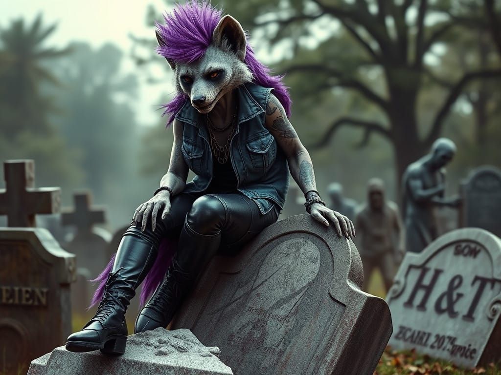 Cyberpunk Horror She-Hyena Sits on Tombstones in a Graveyard