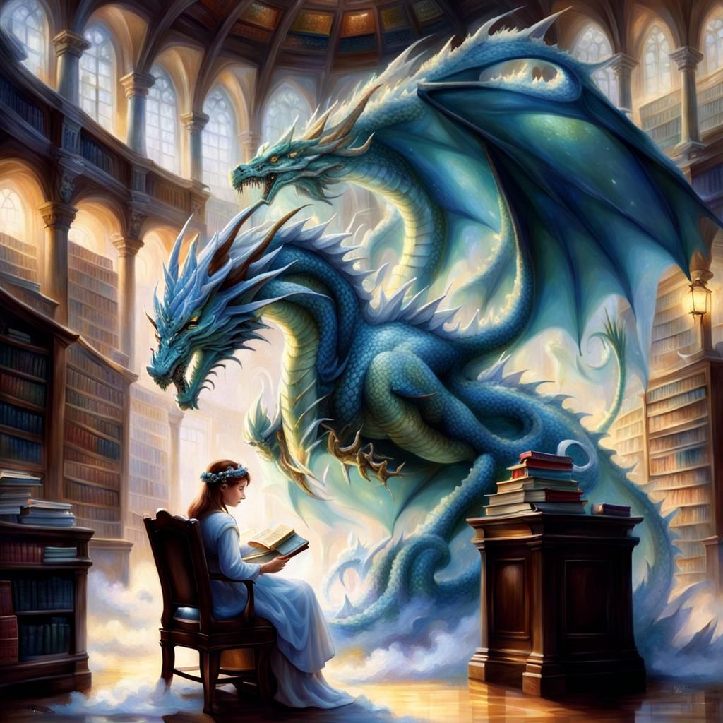 Girl Reading Summons Dragon in Ethereal Library