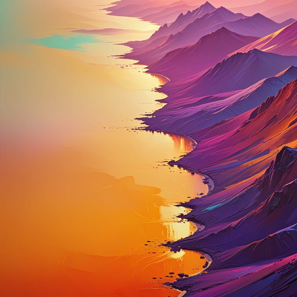 Vibrant Sunset Over Teal Hills as Oil Painting