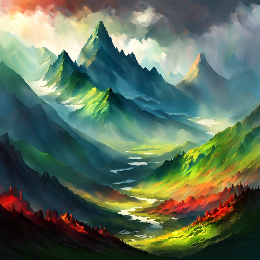 Majestic Mountain Range in Crimson and Green