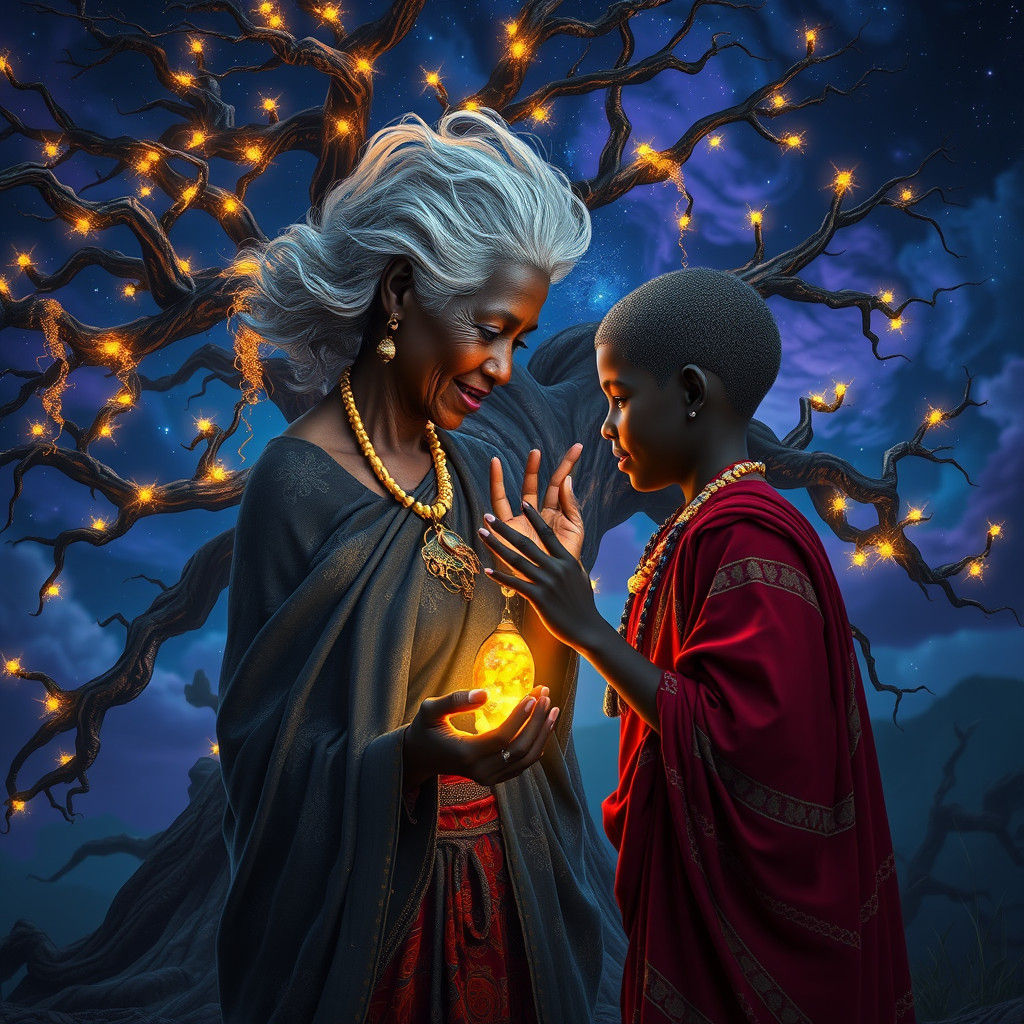 Grandmother and Grandson with Mystical Tree, Digital Art