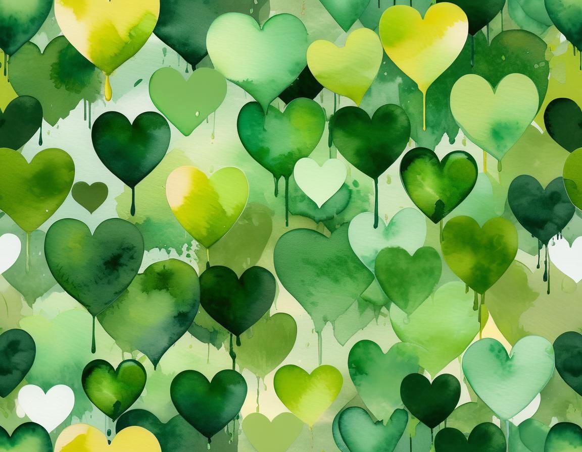 Olive Green Watercolor Collage of Hearts and Rainbows