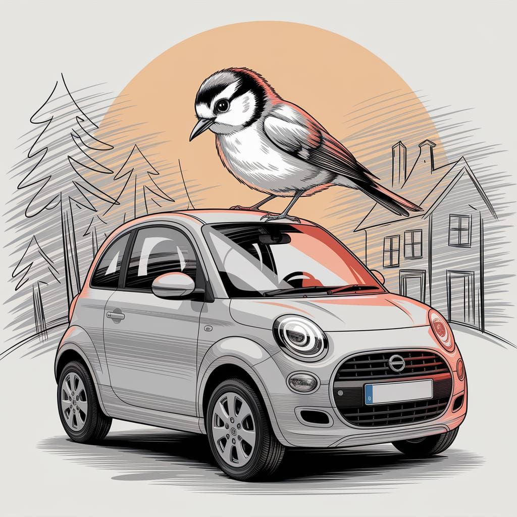 Bird Nibbling Car Hood in Pencil Doodle Style