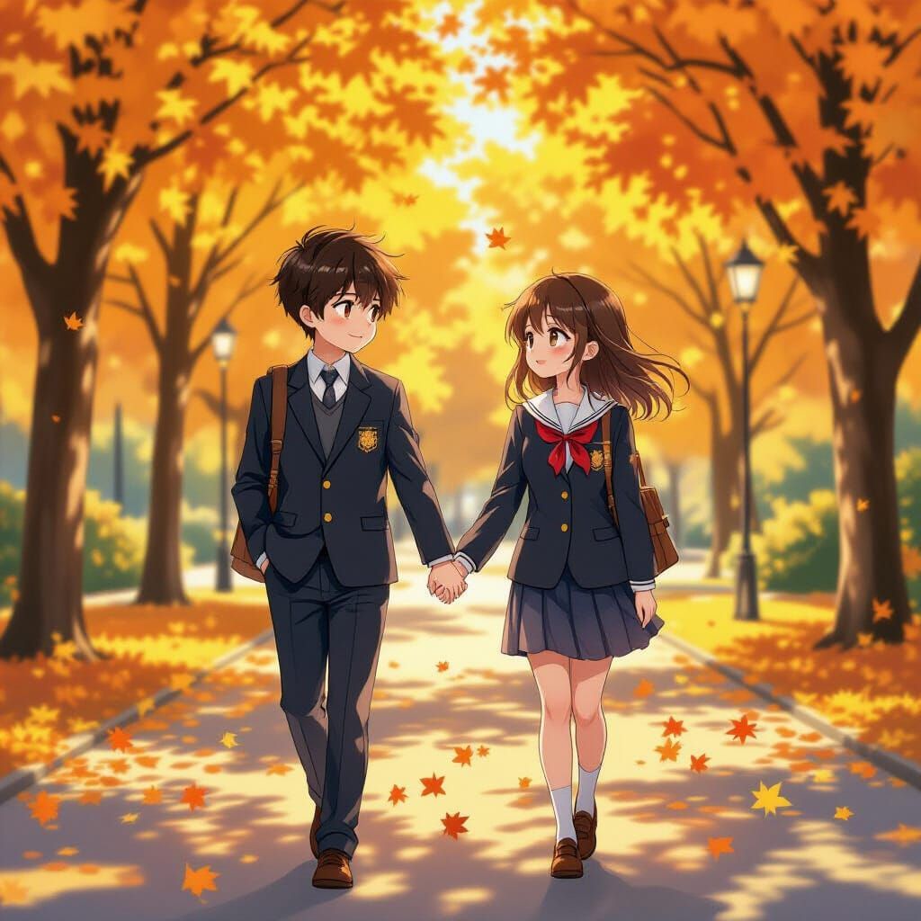 Anime Couple's First Touch in Autumn Park