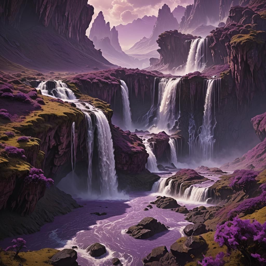 Violet Waterfalls on an Alien Planet