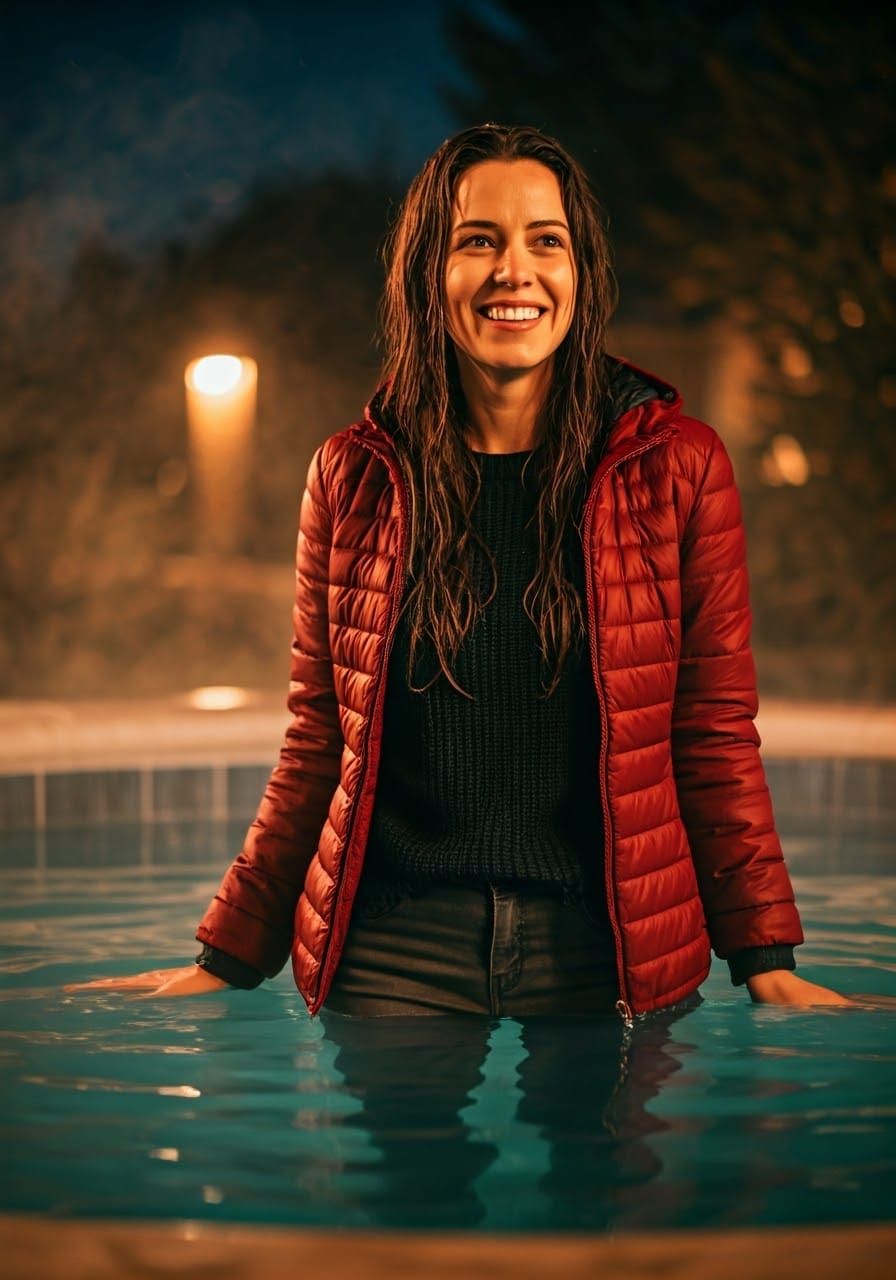 Woman Enjoying Hot Tub on Moonlit Autumn Night