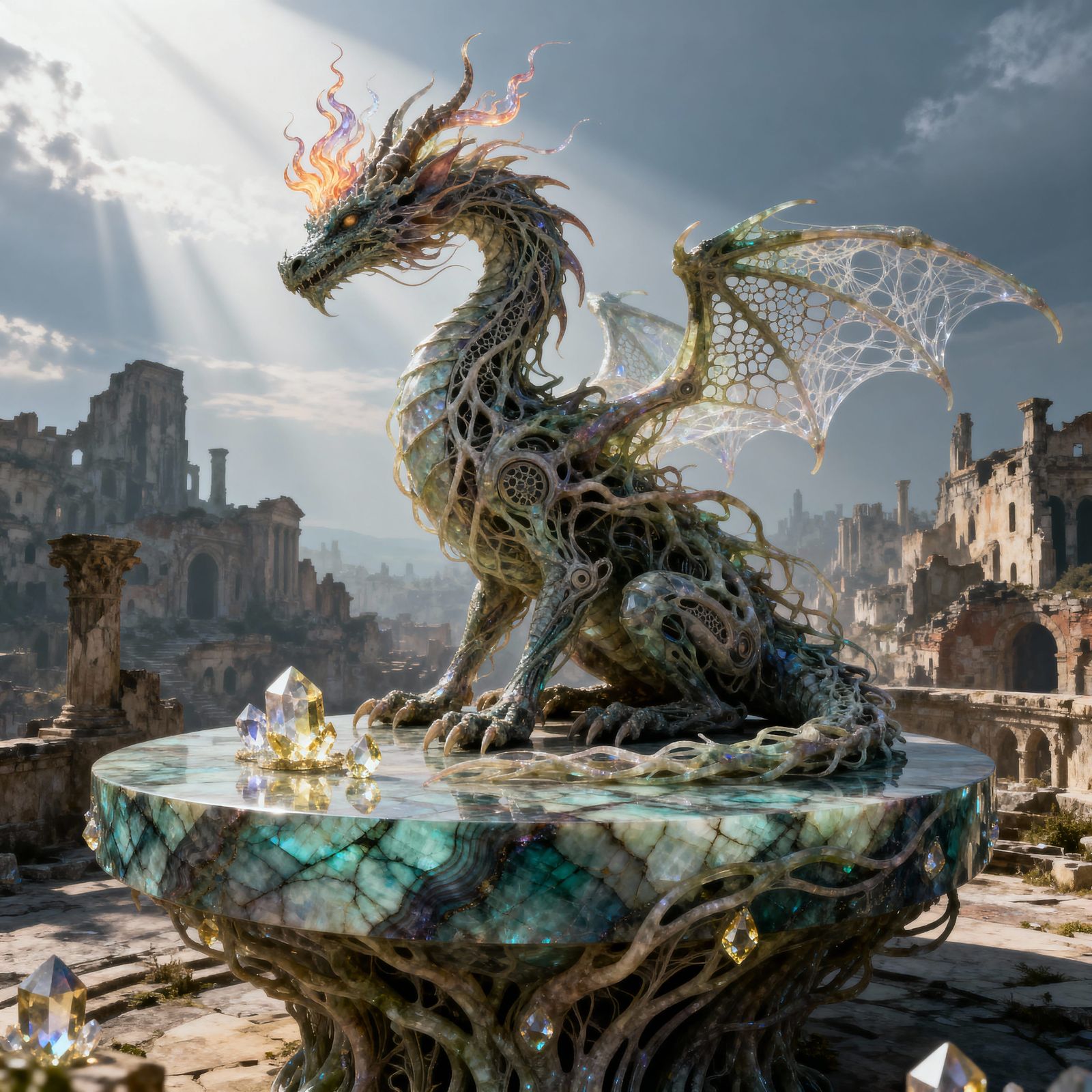 Biomorphic Dragon on Labradorite Altar in Ruined City