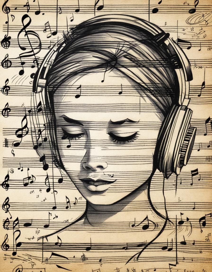 Stylized Pastel Drawing of Woman on Music Sheet
