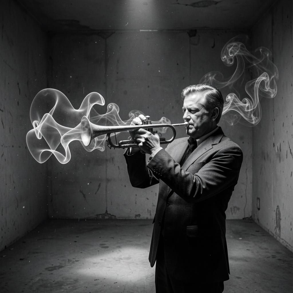 Solitary Trumpet Player in Surreal Light and Smoke