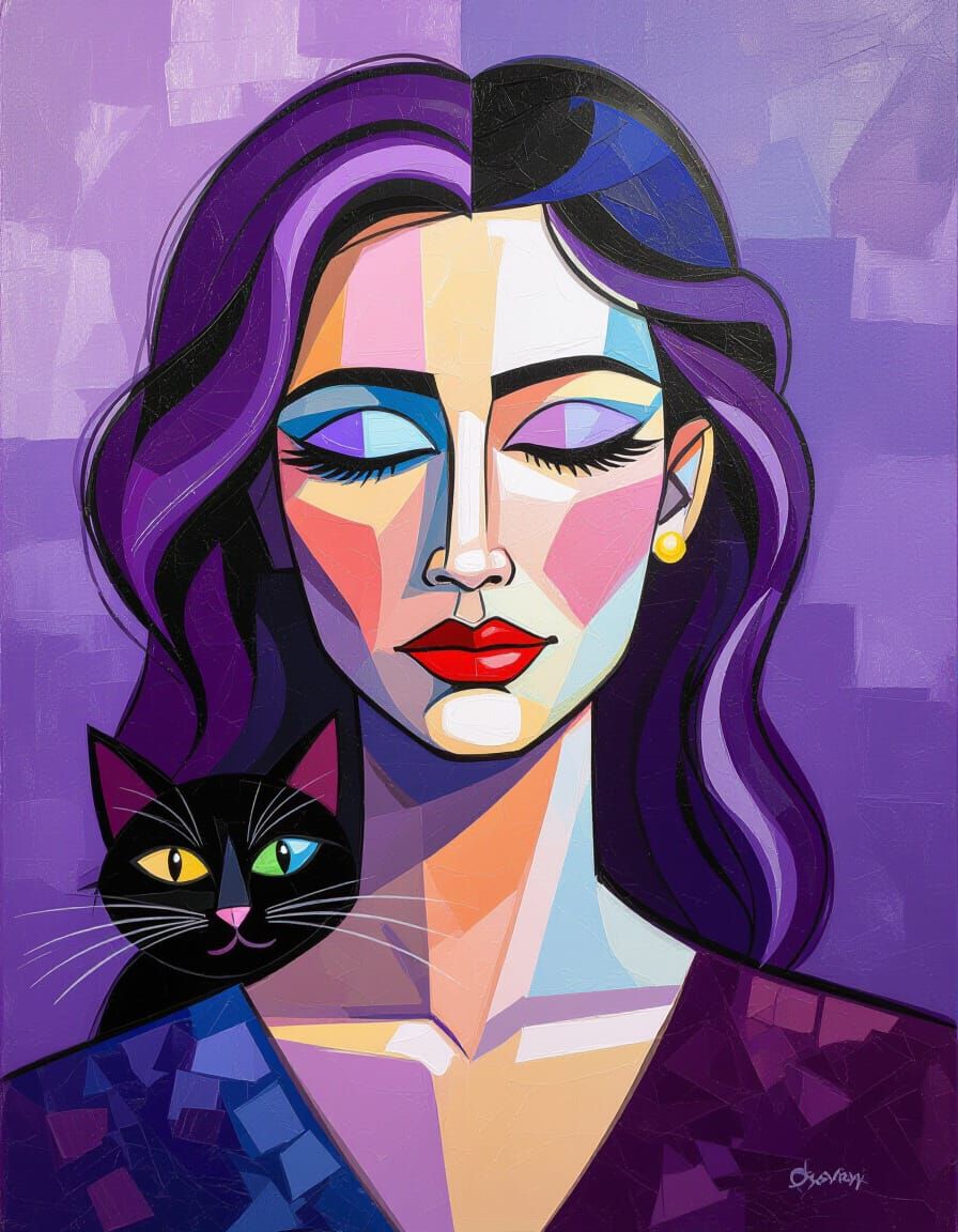 Abstract Musical Woman and Cat in Expressionist Oil Painting