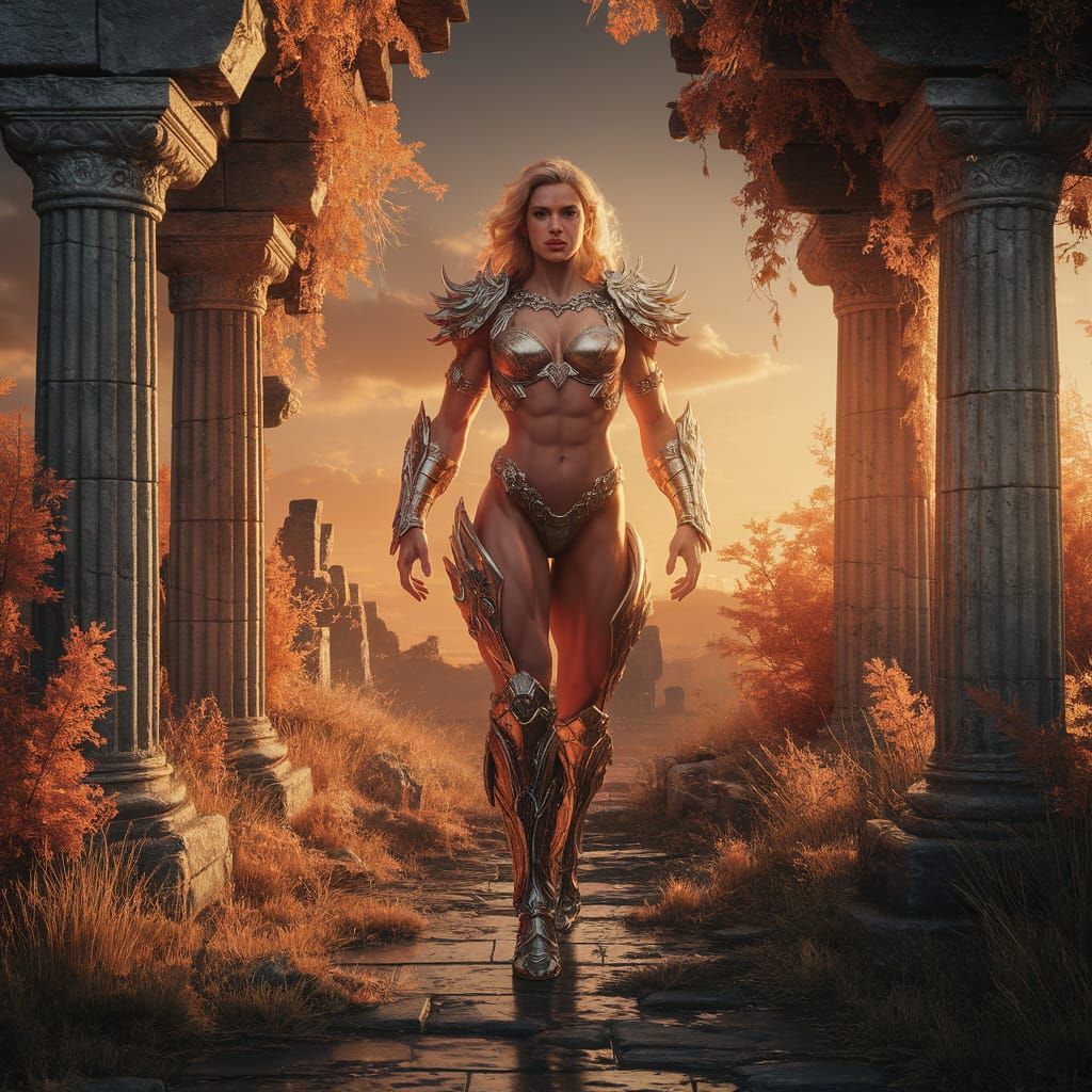 Muscular Sci-Fi Warrior Princess in Golden Sunset Ruins
