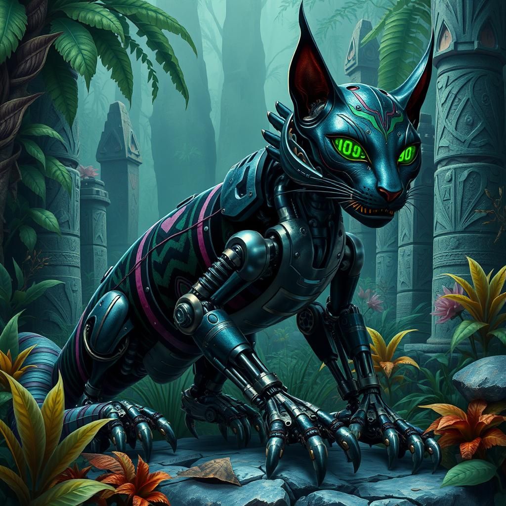 Mechanical Feline in Tribal Jungle, Dark Surrealism