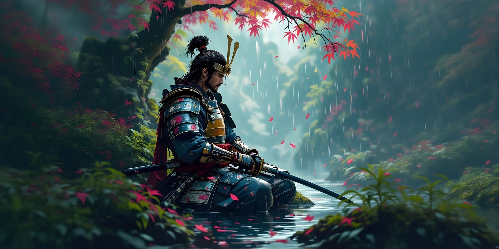 Samurai Meditating in Rainy Forest: Hyperrealistic Concept A...
