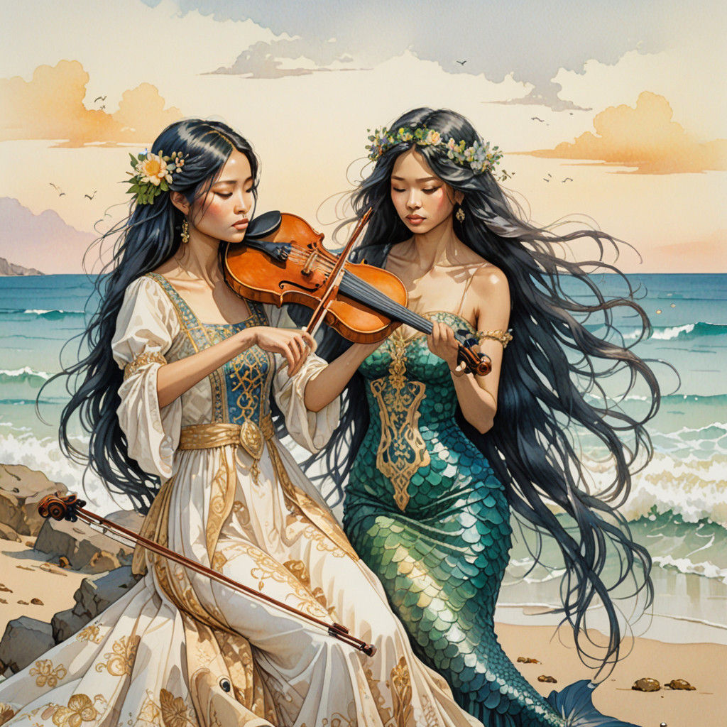 Ethereal Mermaid Discovers Violin in Golden Hour