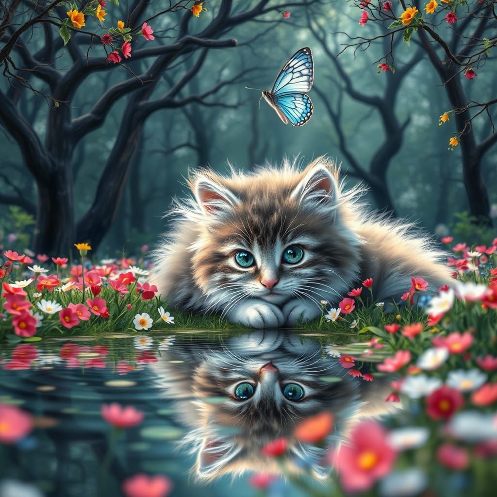 Serene Dreamy Kitten in Lush Meadow