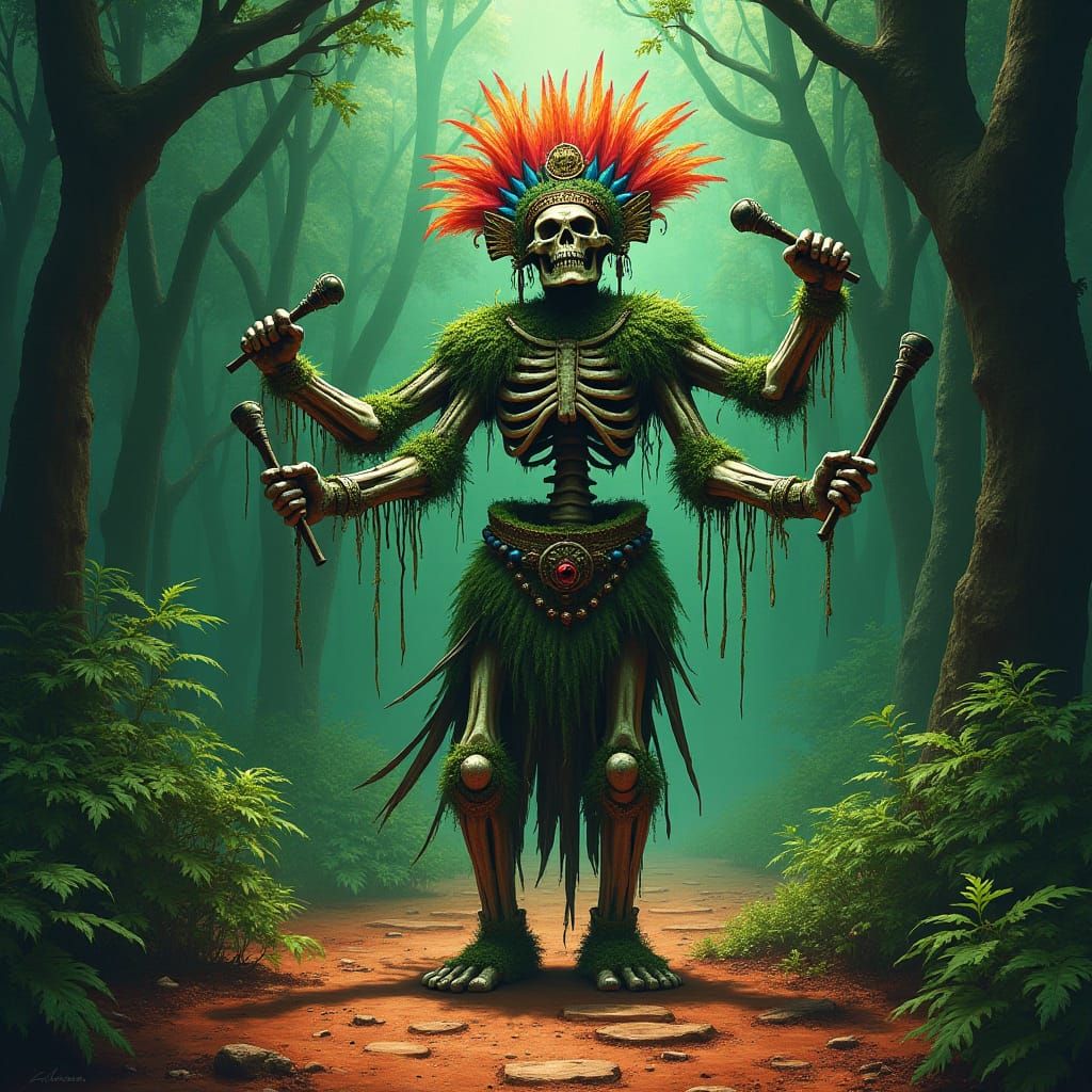 Aztec Undead Bard in Jungle, Dark Mystical Art