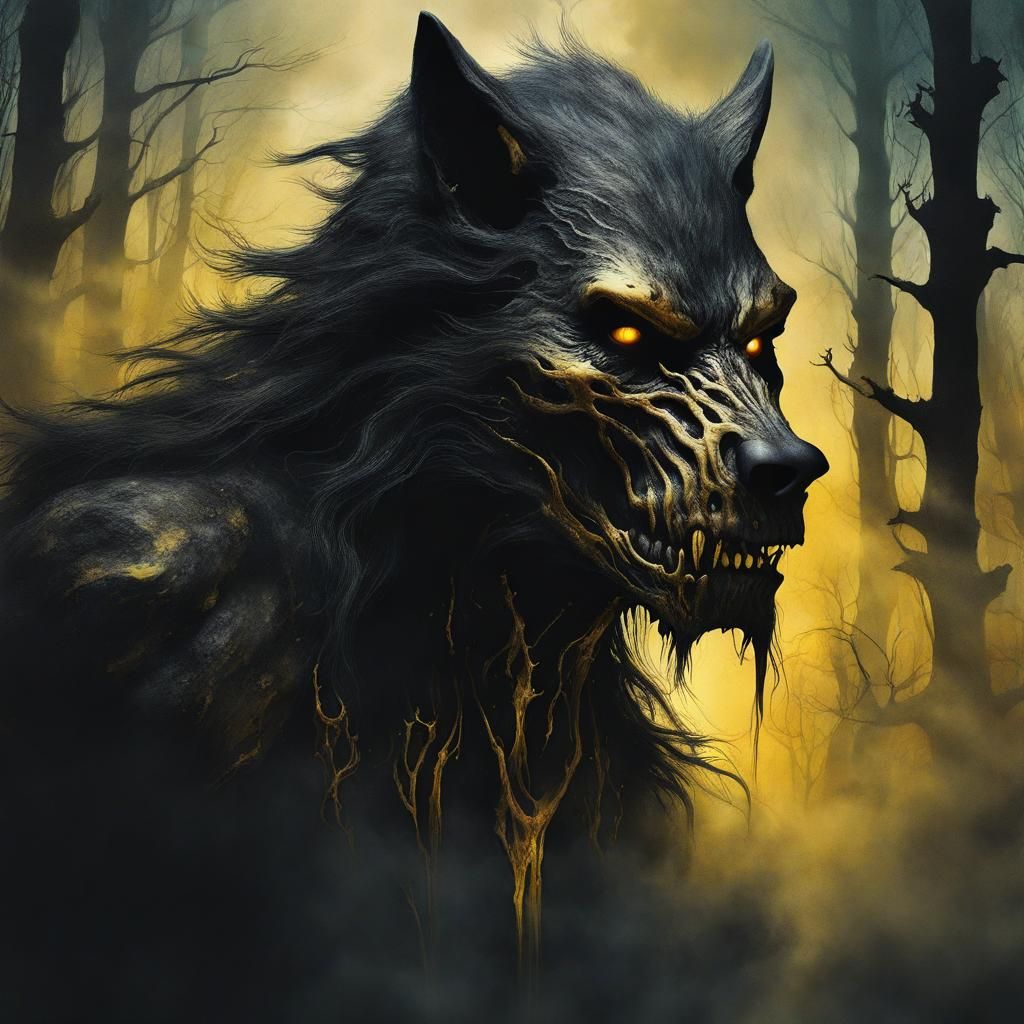 Surreal Undead Werewolf with Black and Gold Mist
