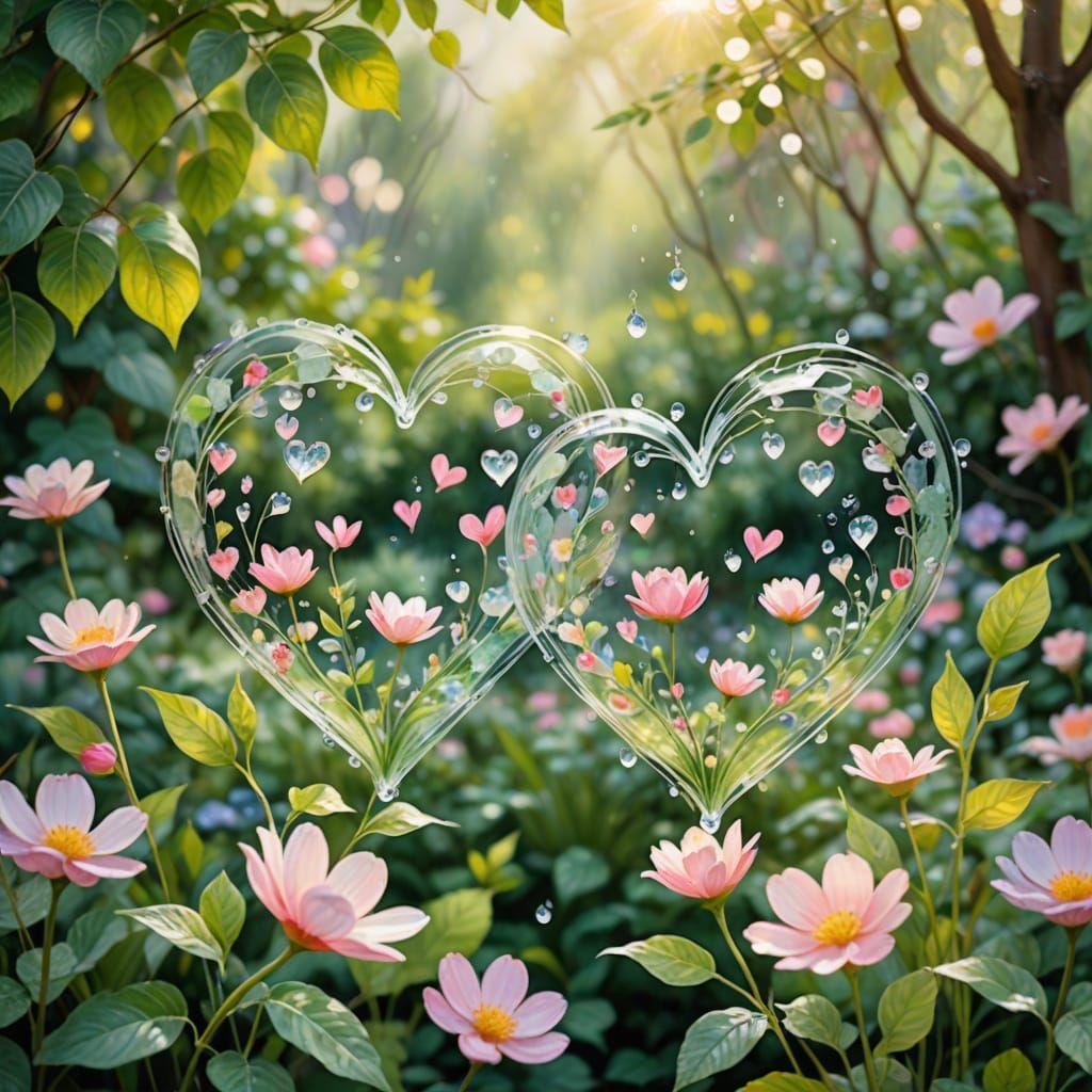 Whimsical Watercolor Hearts in a Serene Garden