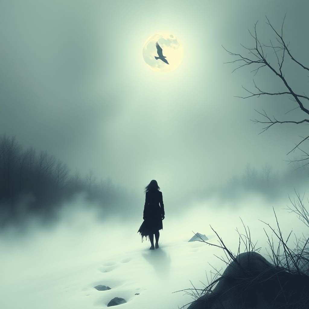 Mystical Winter Landscape with Woman in Eerie Moonlight