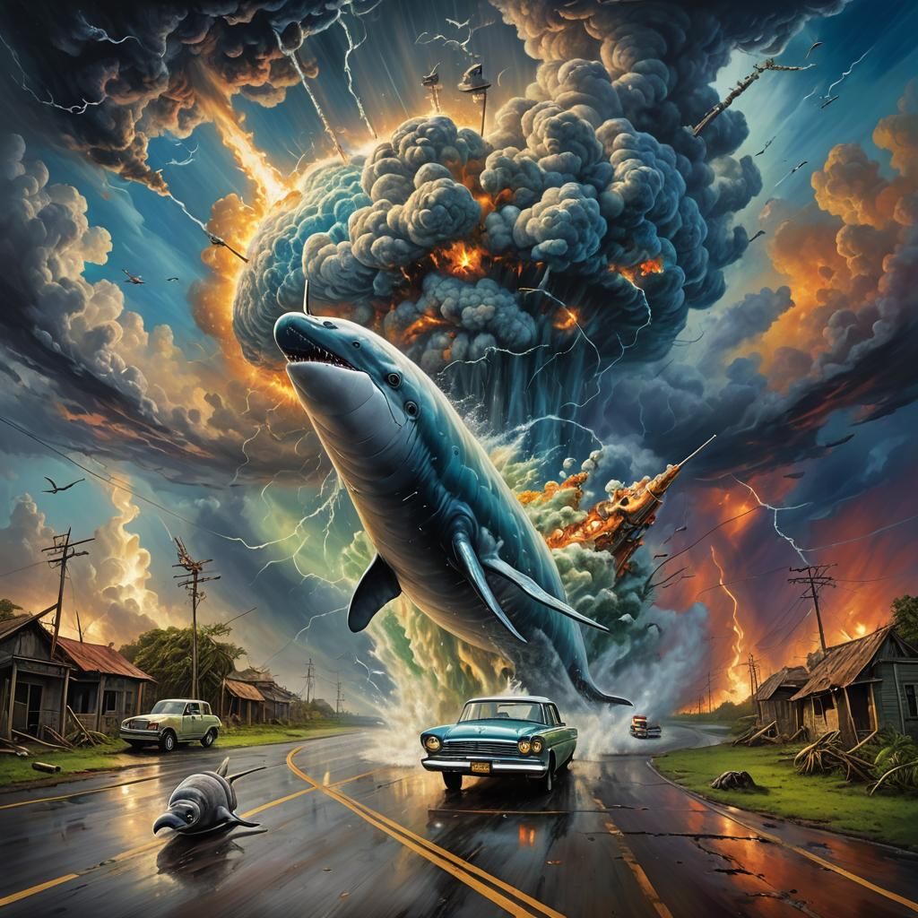 Surreal Narwhal Cyclone in Apocalyptic Landscape