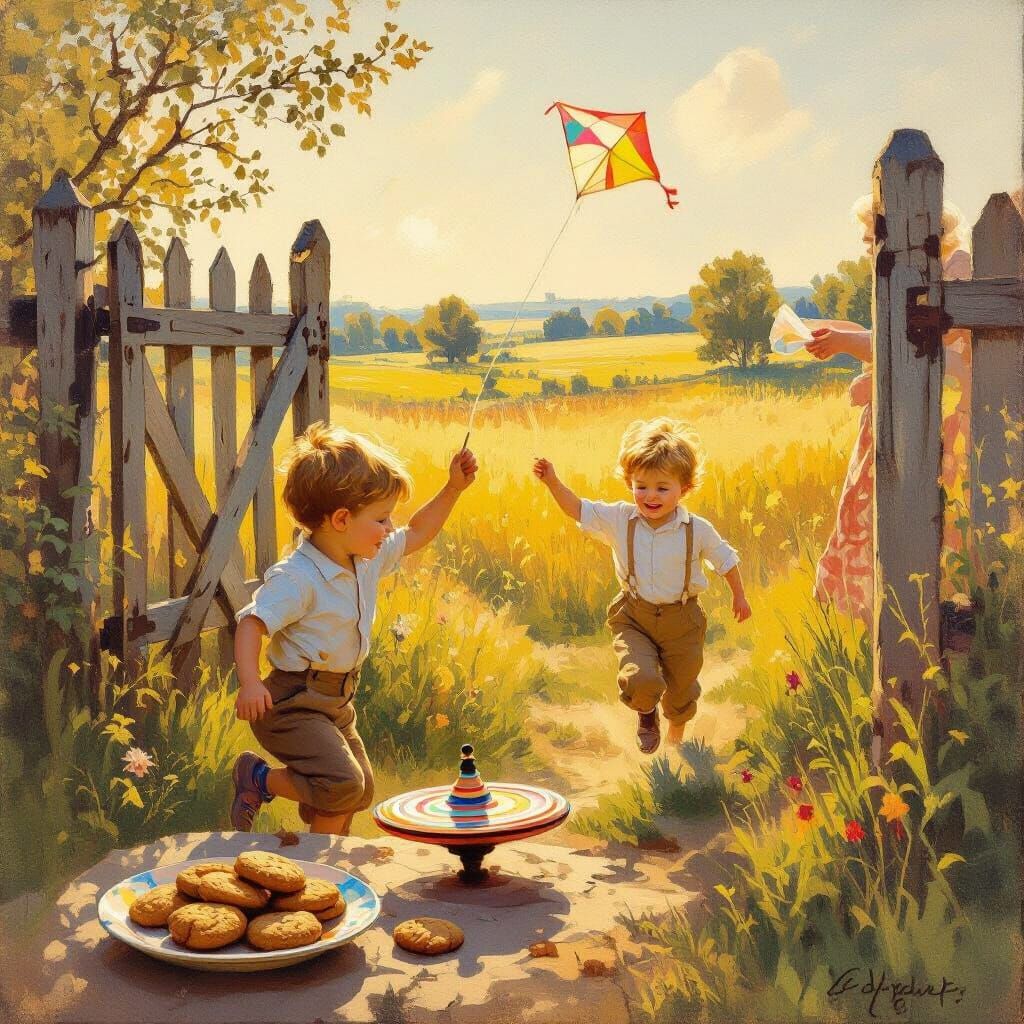 Nostalgic Childhood Scene: Boy Playing in Golden Hour Fields