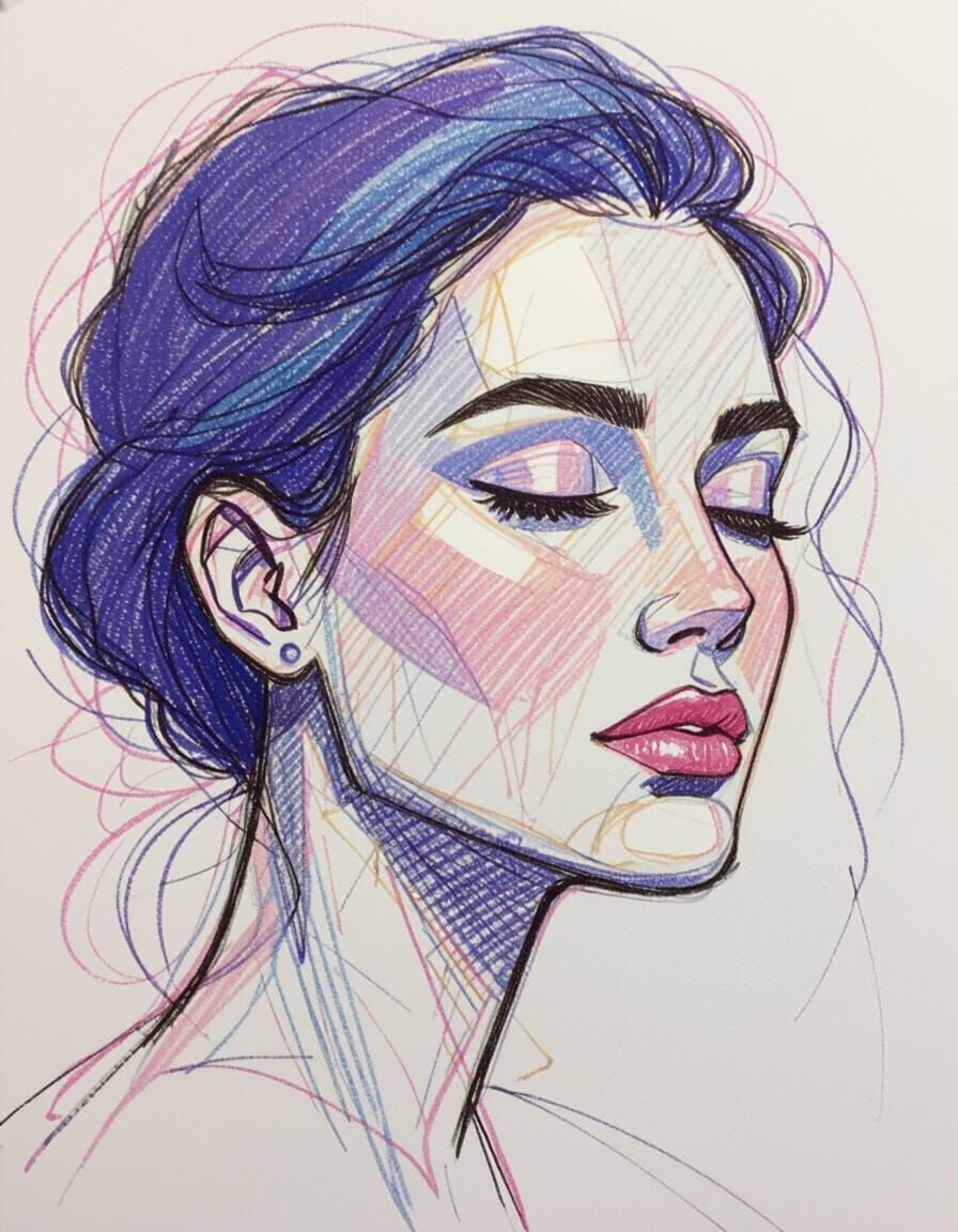Mixed Media Portrait with Blue, Purple, and Pink Tones