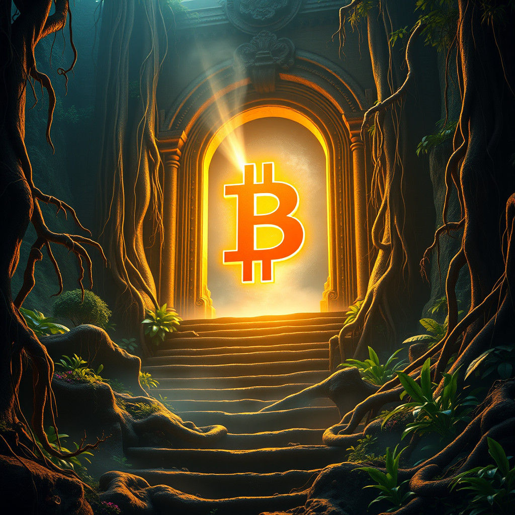 Majestic Bitcoin Emblem Rises in Jungle Temple