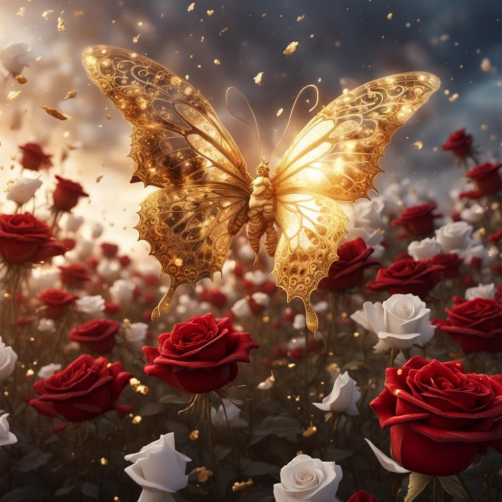Golden Butterfly and Red Rose Fantasy Concept Art