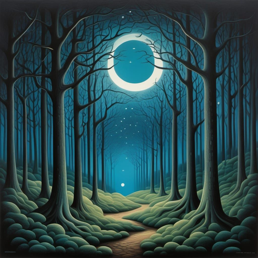 Surreal Moonlit Forest Scene in Magritte Style