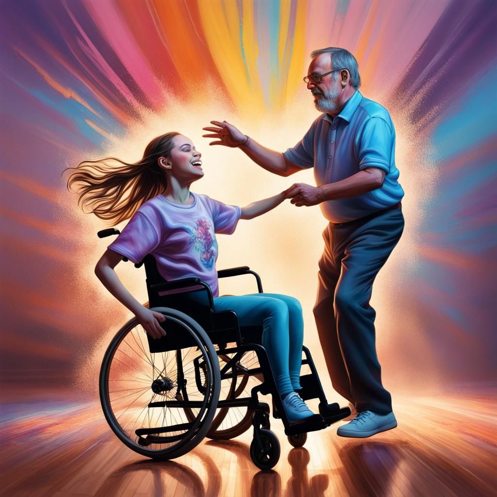 Disabled Girl Dancing with Dad: Hyperrealistic Digital Art