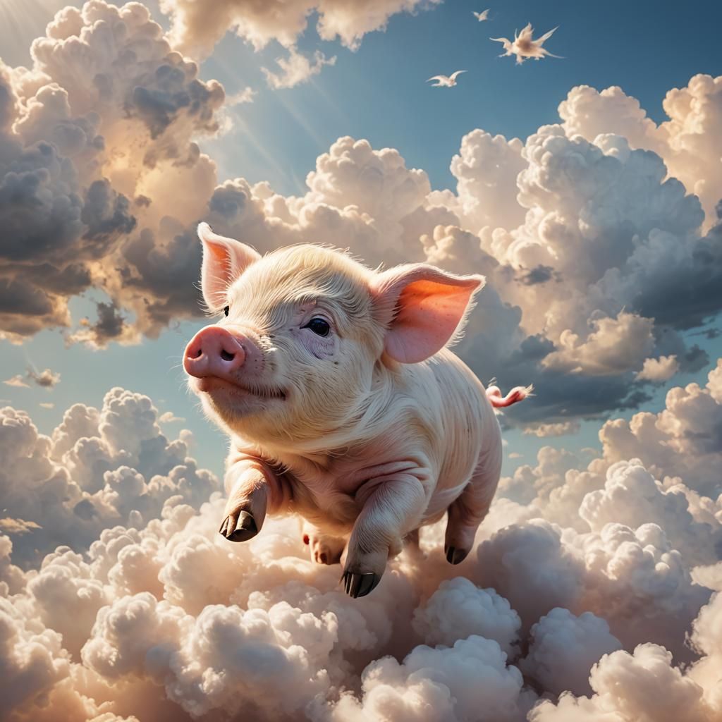Baby Piglet Floating in Clouds: Fantasy Concept Art