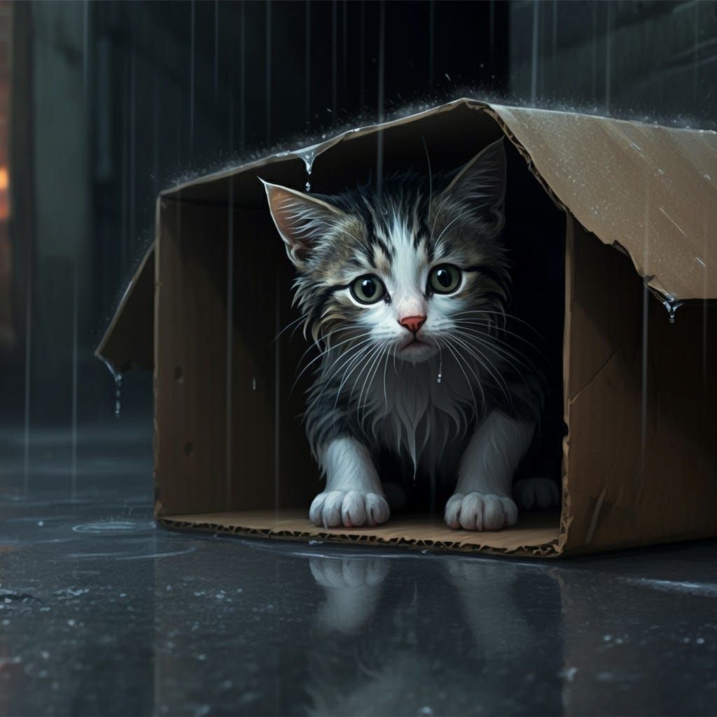 Sorrowful Kitten in Rainy Alley: Film Noir Style