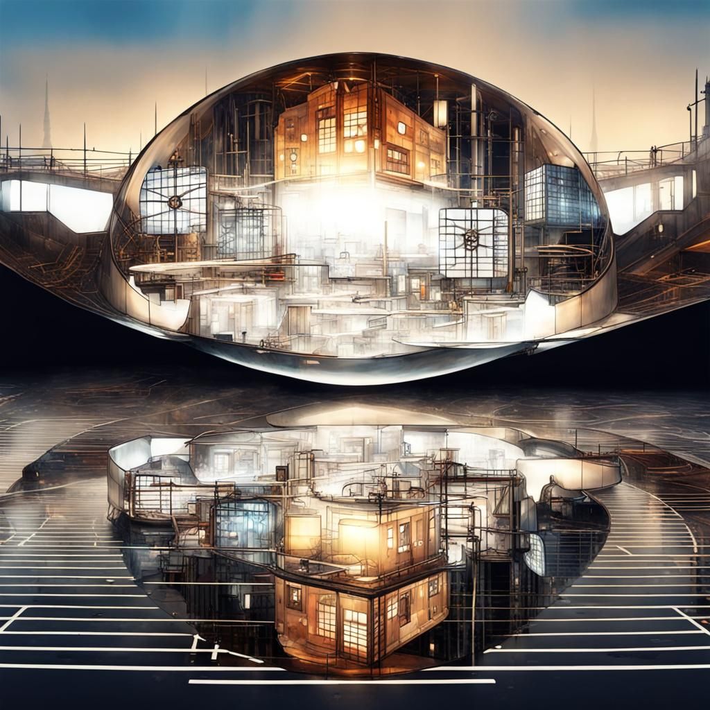 Futuristic Glass City in Glass Cube, Mondrian Style