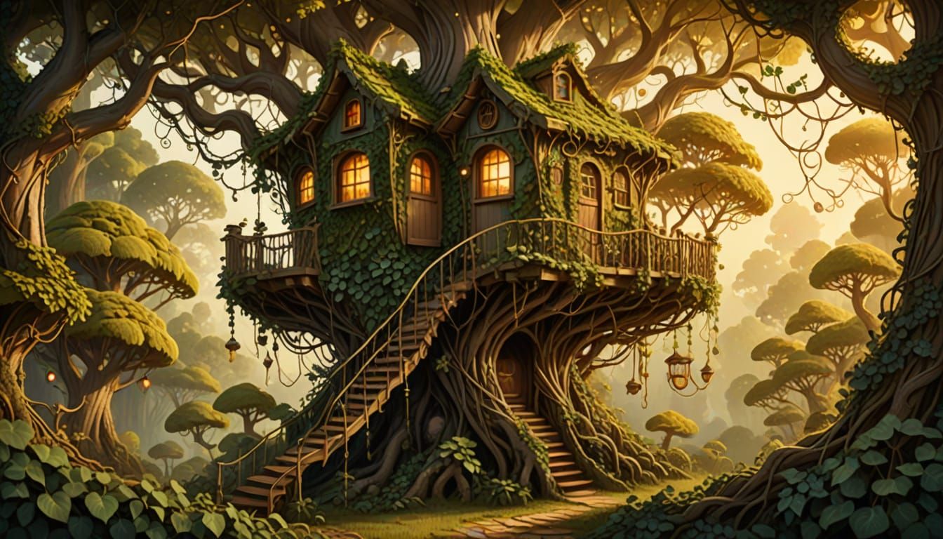 Sun-dappled forest treehouse nestled among towering trees, e...