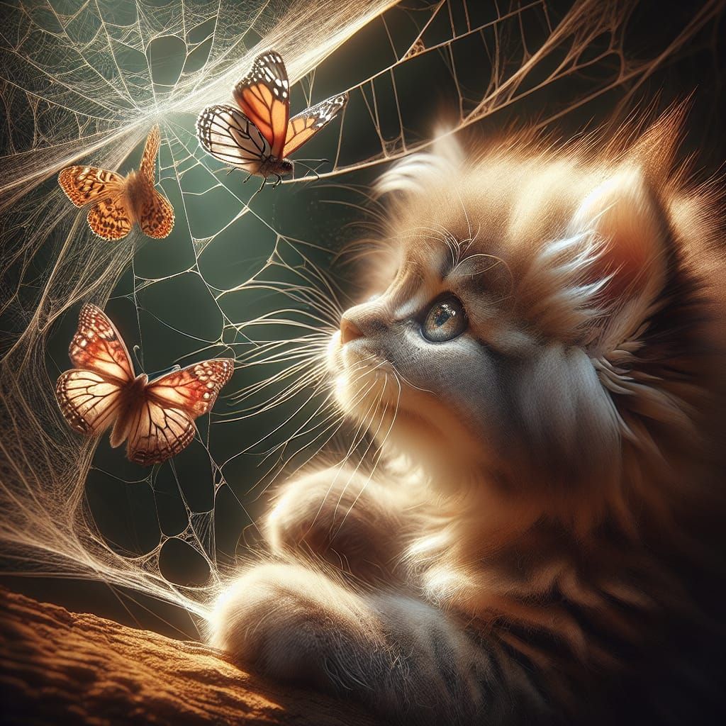 Fluffy Kitten and Butterflies in Spiderweb