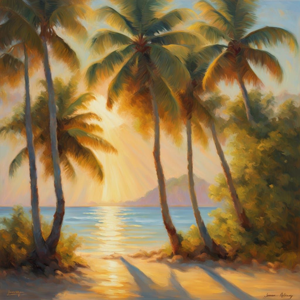 Baroque Tropical Beach Landscape with Dappled Sunlight