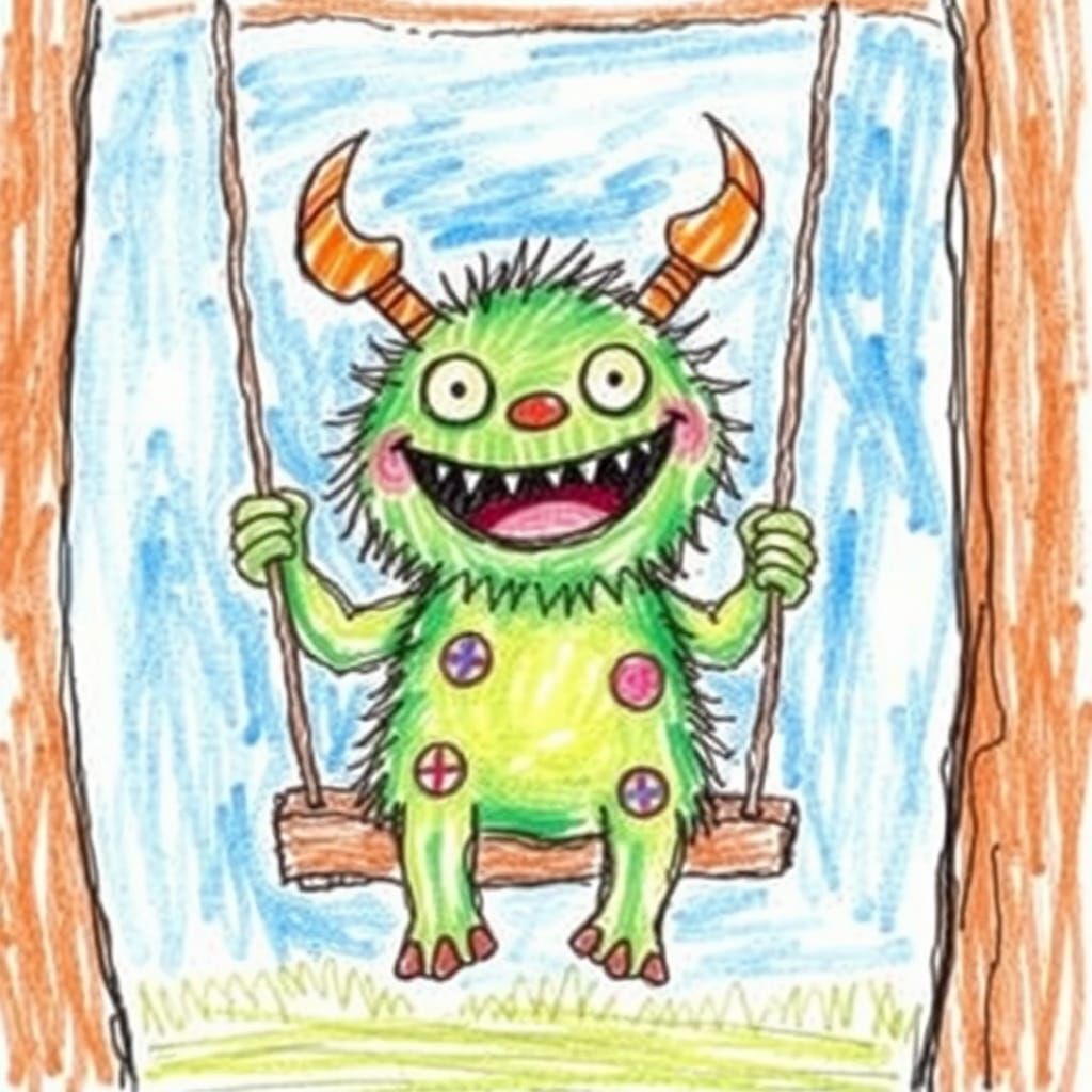 Happy Cartoon Monster on a Swing