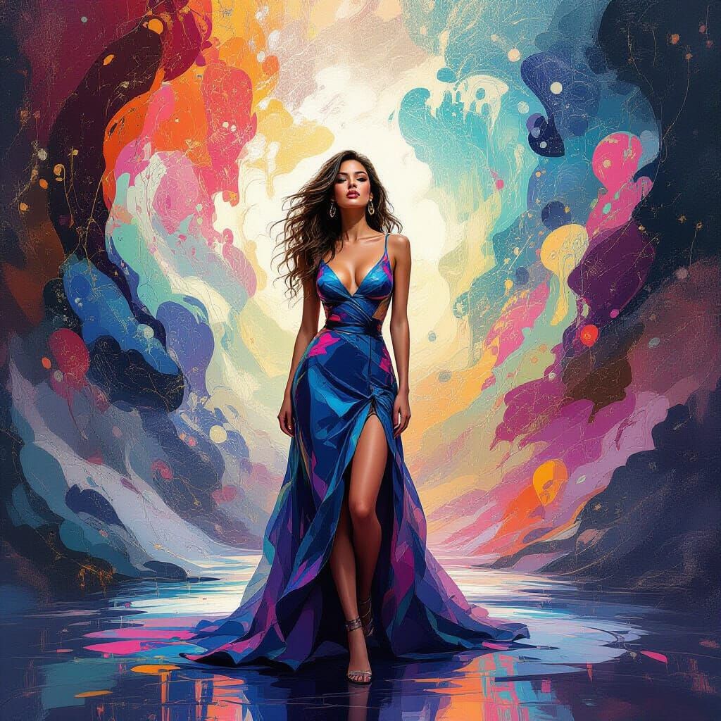 Expressive Woman in a Surreal Kaleidoscopic Dreamscape