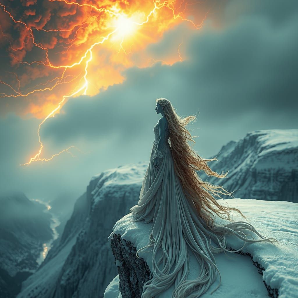 Icy Sirens on a Cliff with Lightning Sky