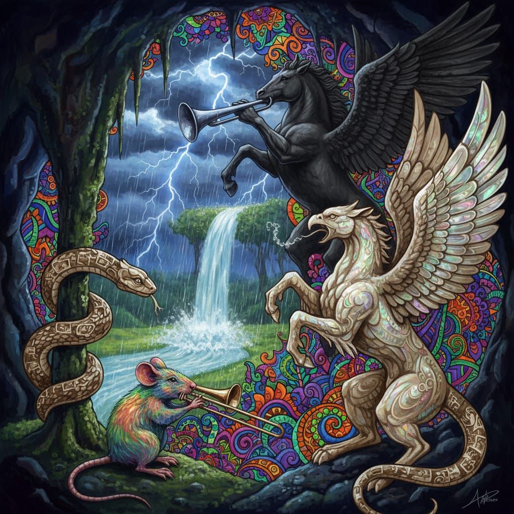 Surreal Animals Play Trombone in Stormy Cave