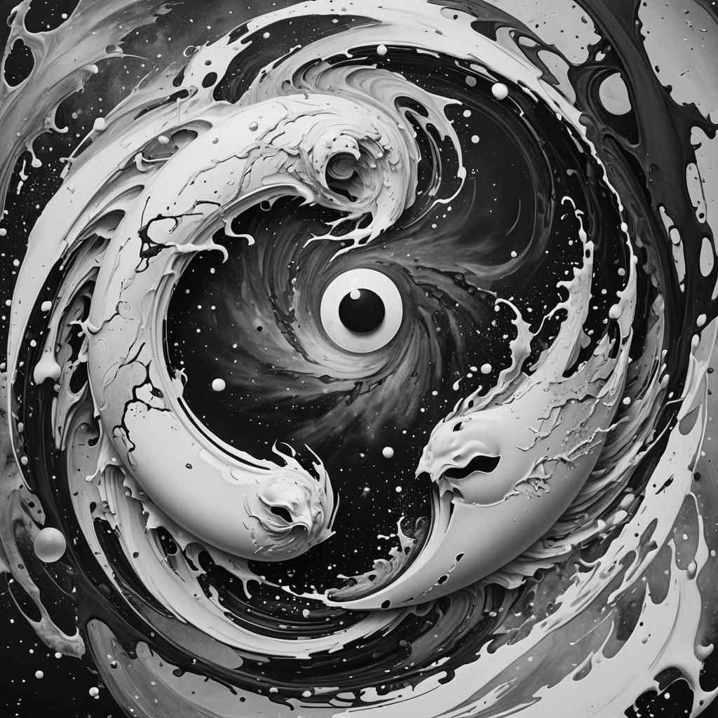 Yin-yang, balance, intertwined, harmony, cosmic, dynamic, circular, contrast, unity, spiritual, serene, philosophical, a...