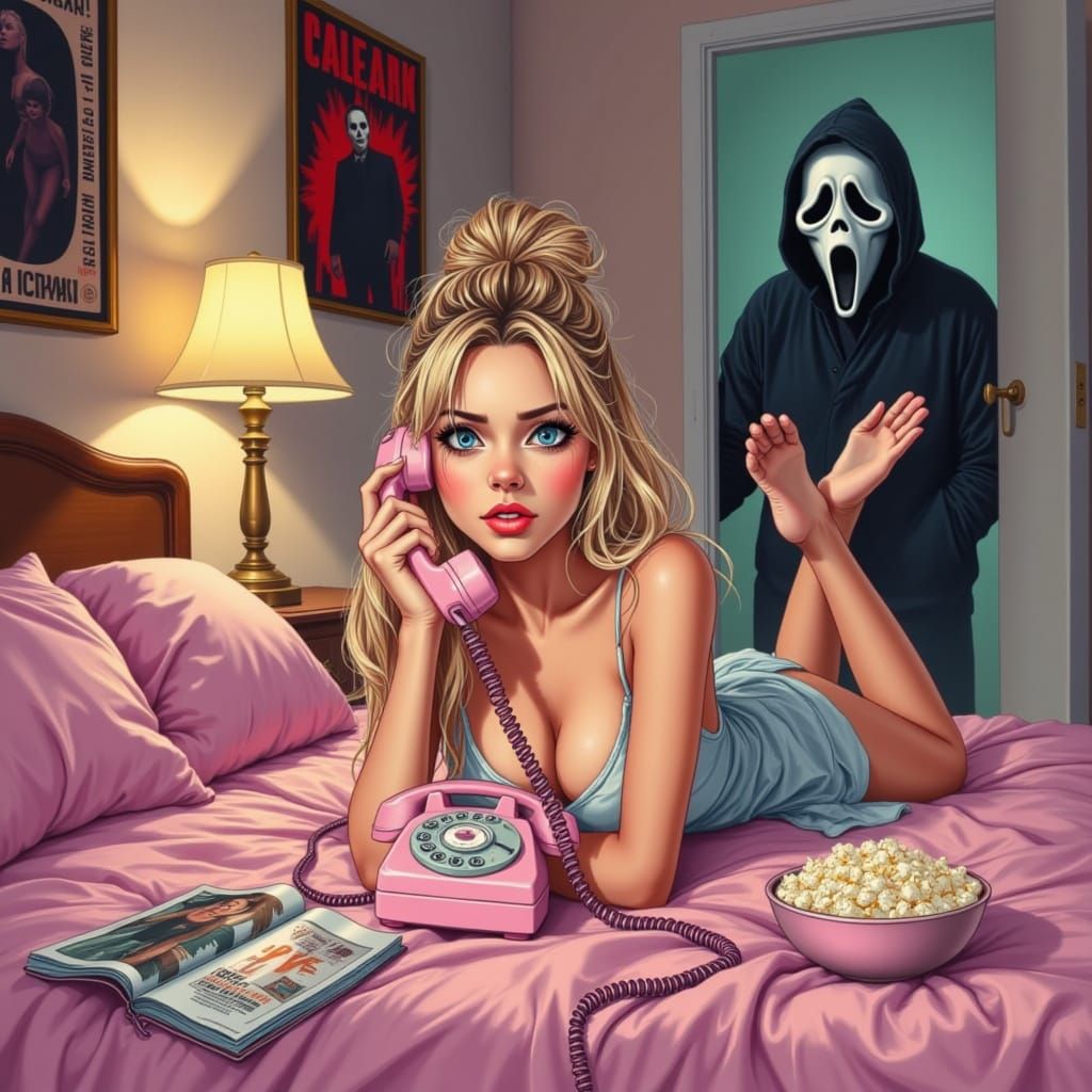 Stylish Woman on Pink Sheets with Ghostface Lurking