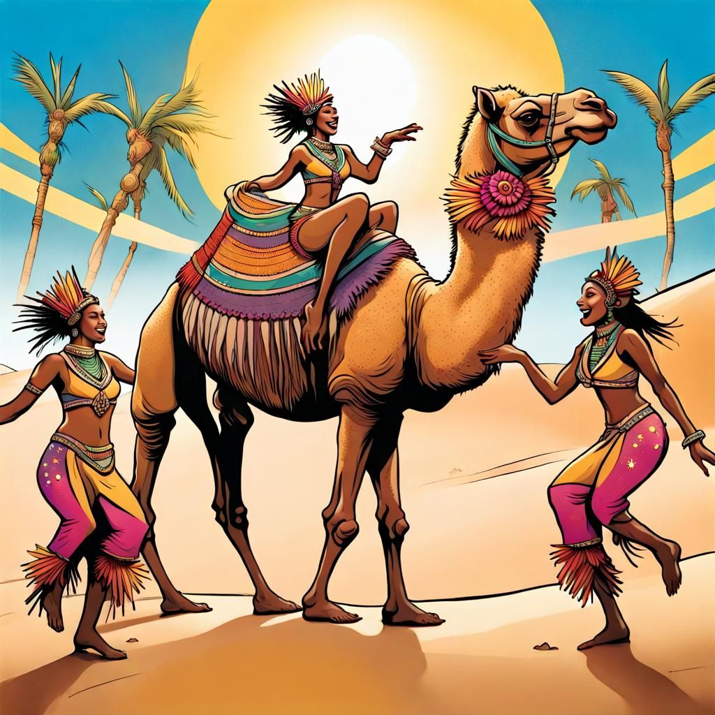 brazilian female samba dancers dance around a decorated camel in the sand dunes, carnival, samba feather headset, happy,...
