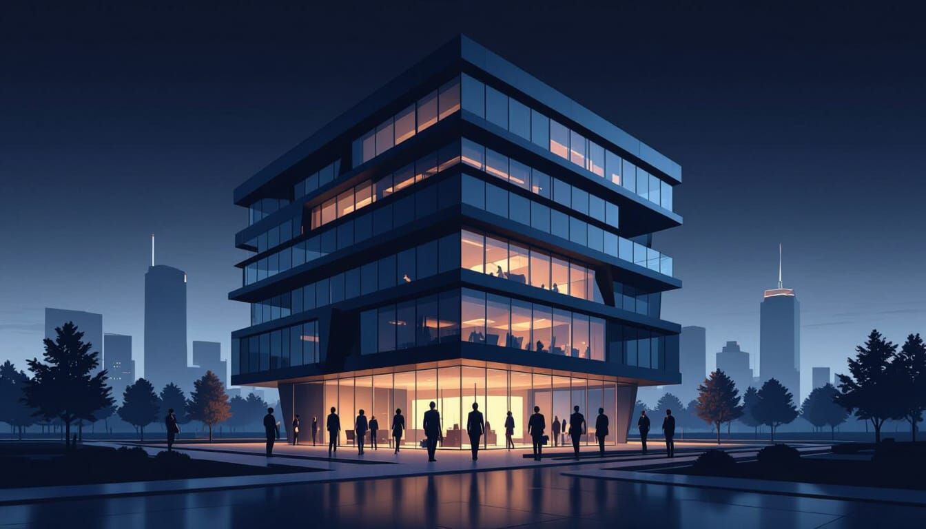 Modern Office Building with Shareholders in Vector Style