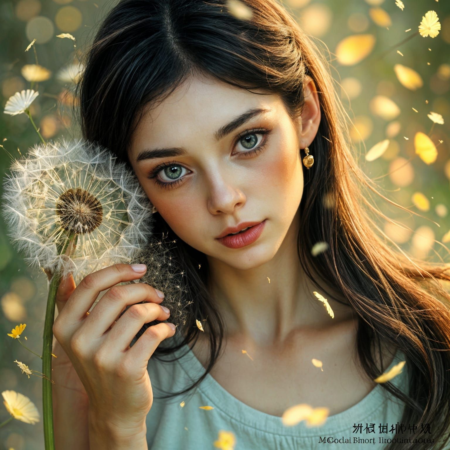 Woman with Dandelion Seeds in Colorful Light