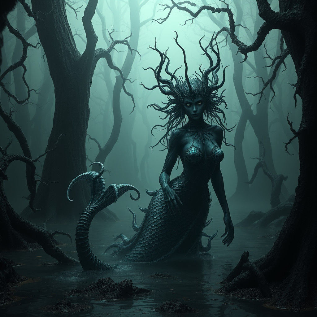 Dark Swamp Mermaid in Eerie Mystical Realm