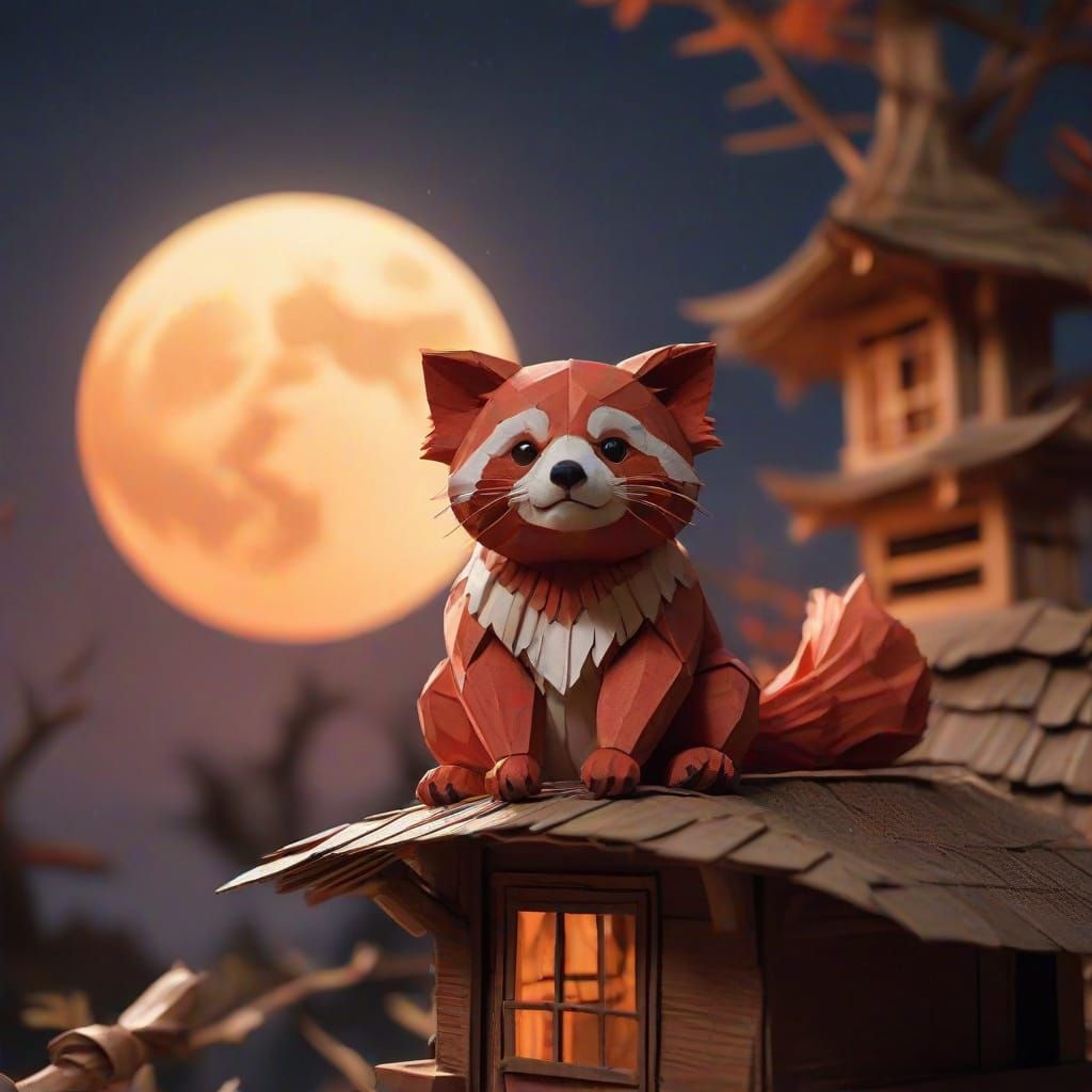 Majestic Red Panda Origami Under Moonlight