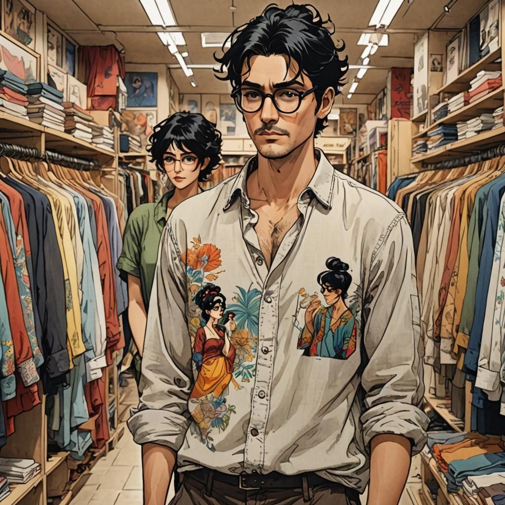 Man Admiring Gypsy Shirt in Bande Dessinée Style