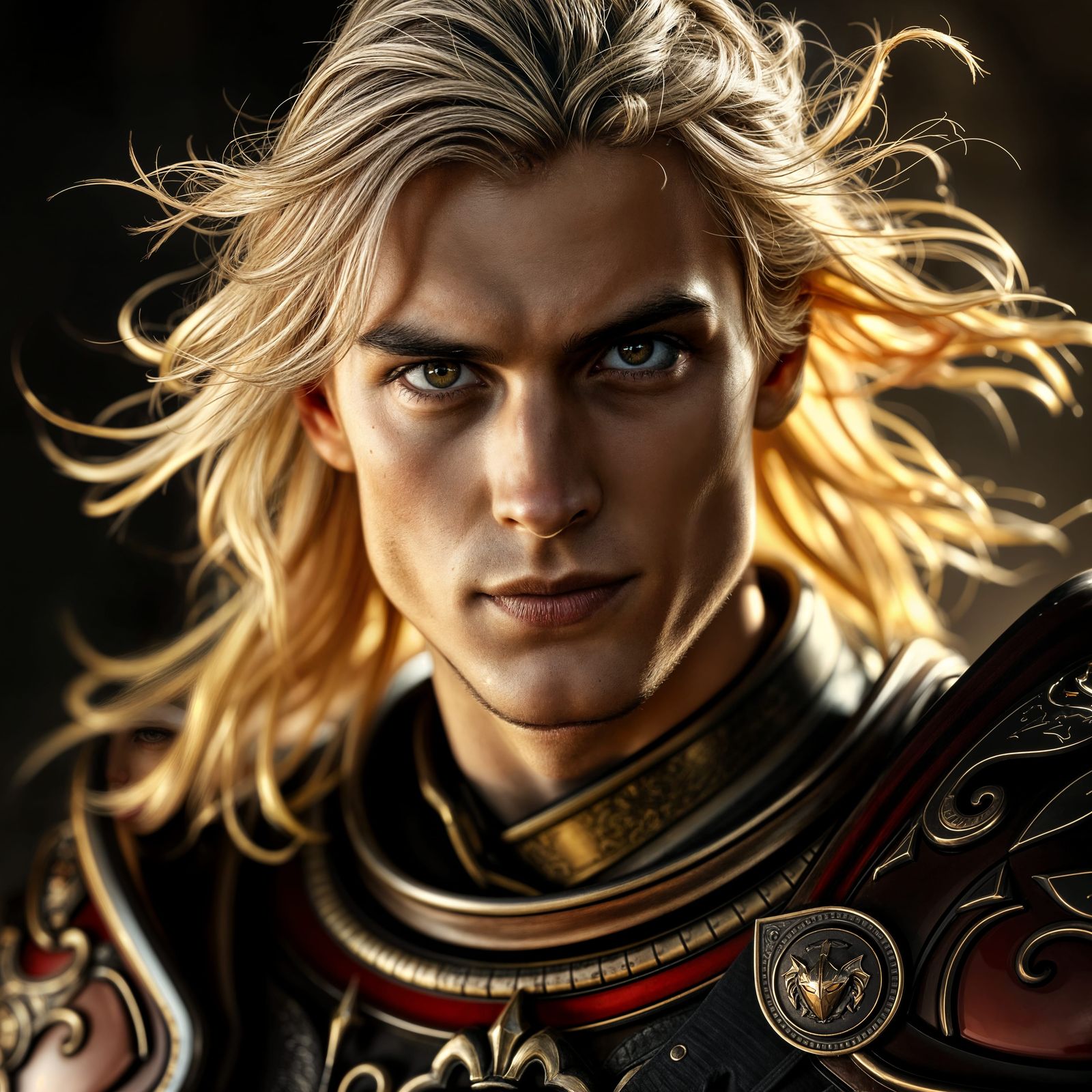 Handsome Paladin in Red and Gold Plate Armor