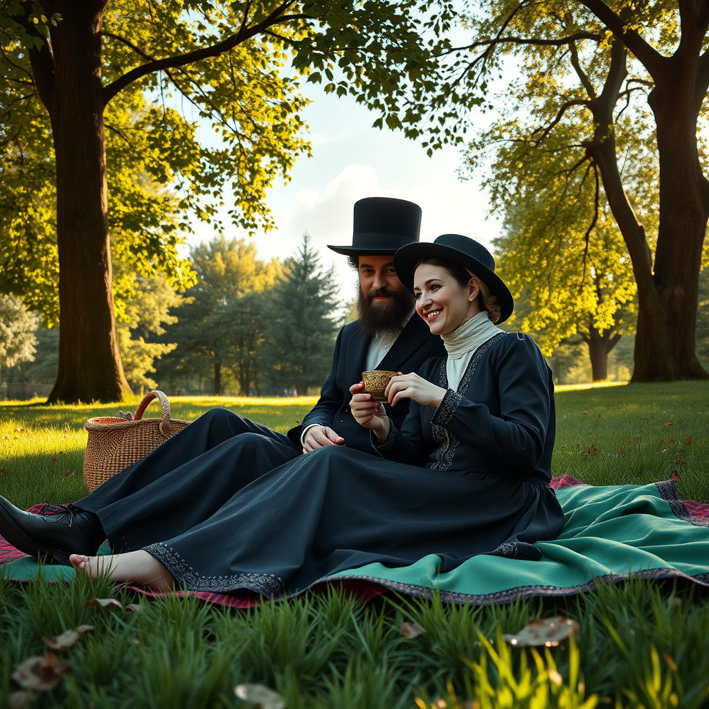 Hasidic Couple's Romantic Picnic in Hyper-Realistic Detail